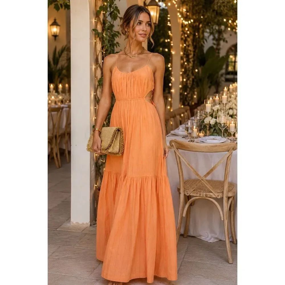 Jonathan Simkhai Lisa Cutout Back Tiered Maxi Dress Orange Peach Size Small
